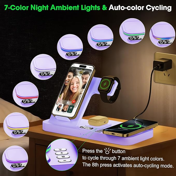 Dual Phone Wireless Charging Station for Apple Devices, Magnetic Charging Station for iPhone with Auto Switch 7-Color Light&Clock,Family Watch Charger for iPhone17 for iWatch10 for AirPods Pro3(Purple