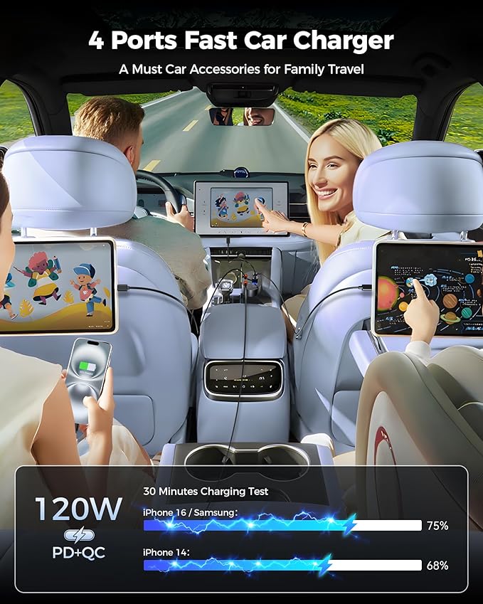 Retractable Car Charger, [2025 New] 4 in 1 Fast Car Phone Charger with Retractable Type C & L Cords, 120W USB Car Charging Adapter for iPhone 16 Pro Max 15 14 13 12, Samsung Galaxy, Pixel