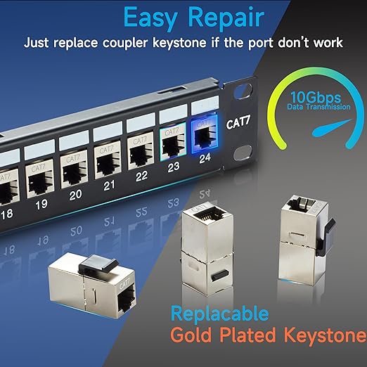 Lysymixs 24 Port RJ45 Patch Panel Cat7 STP Feed Through, Coupler Network Panel 19 Inch, Inline Keystone Ethernet Patch Panel with Back Bar