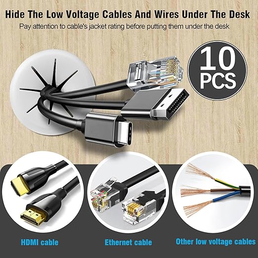 2-3/8" White Desk Grommet, JTemgle Flexible Cable Grommet Rubber Cable Hole Cover Wire Organizer Caps Desktop Cord Management for Home Office TV Stands Tabletops, 10 Pieces