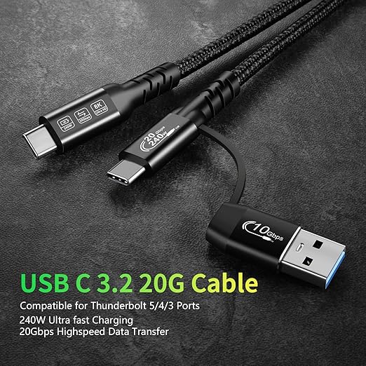 CABLEDECONN USB2.0 A to USB C 3.2 Type C 20Gbps Male to Male Detachable 0.5m 1.6ft Cable Data Extension 10Gbps 240W Fast Charge 8K Ultra HD Video Data Connection Power Line