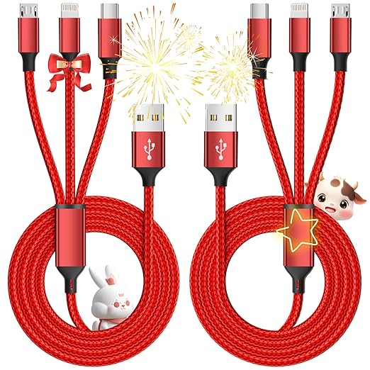 Multi Charging Cable, (2 Pack 4FT) Multi USB Charger Cable 3 in 1 Charging Nylon Braided Fast Charging Cord with Type-C, Micro USB, IP Port for Most Phones/iPhones/Tablets, Red