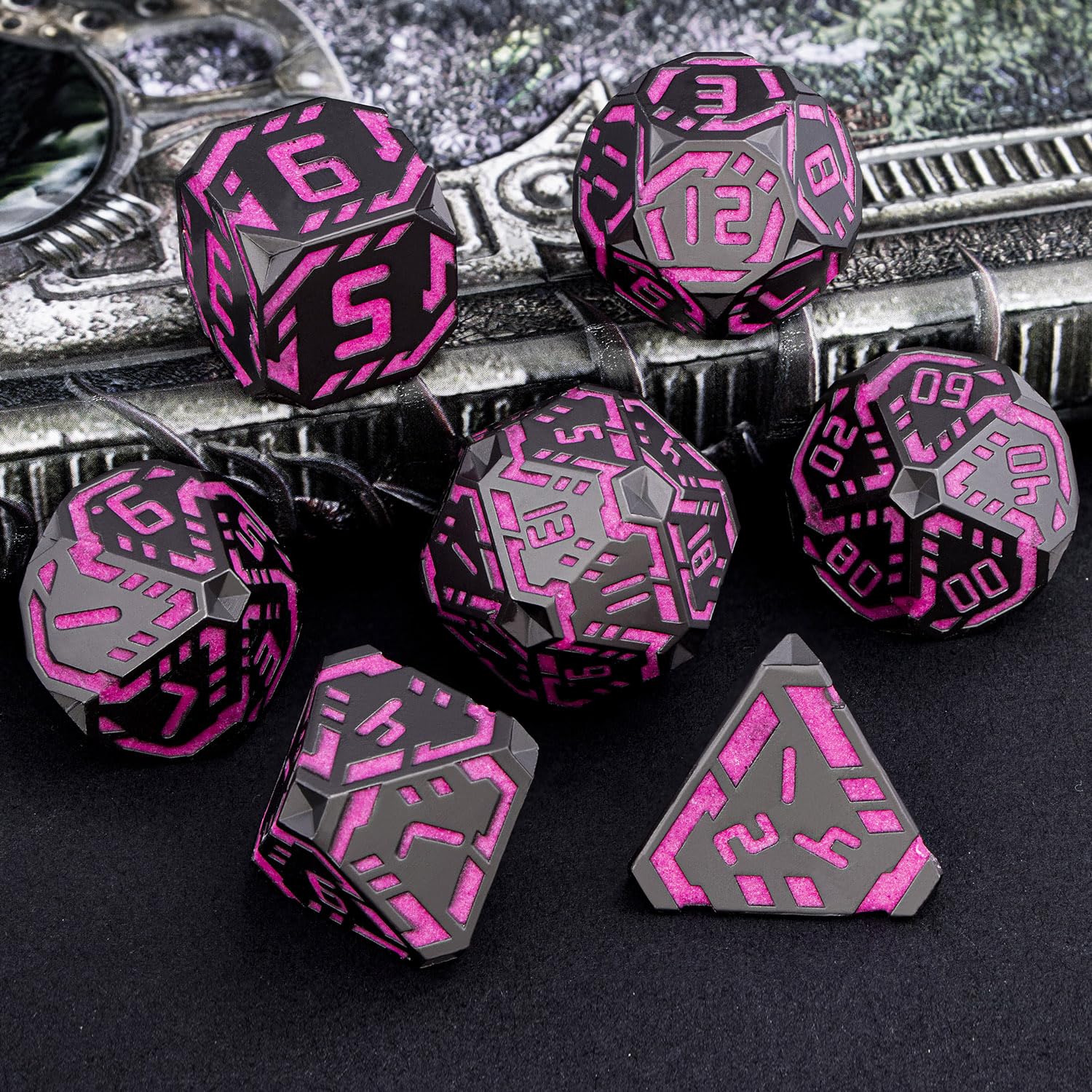 Metal DND Sci-fi Dice Set 7PCS Luminous Pink Stripe Polyhedral Dice for Dungeons Dragons RPG Role Playing Game, Glitter D and D Dice with Gift Box D6 D8 D10 D12 D20