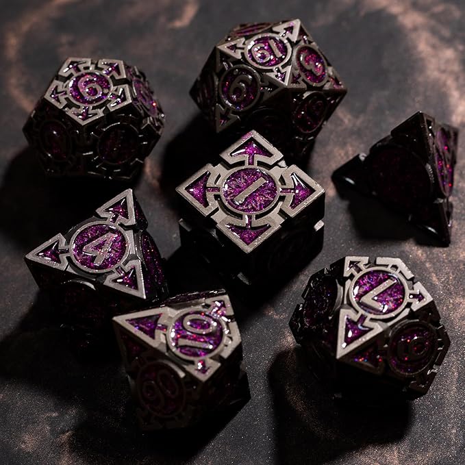 Purple Black Nickel Finish Heavy Metal DND Dice Set (Warlock) with A Metal Box, Sharp Edge Zinc Alloy D&D Accessories, D4-D20, Designed for Dungeons & Dragons Master, RPG Player, Starter
