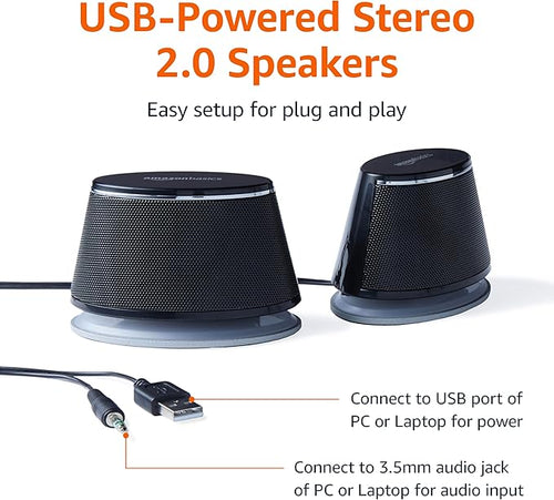 Amazon Basics Stereo 2.0 Speakers for PC or Laptop with Volume Control, 3.5mm Aux Input, USB-Powered, 1 Pair, Black