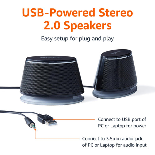 Amazon Basics Stereo 2.0 Speakers for PC or Laptop with Volume Control, 3.5mm Aux Input, USB-Powered, 1 Pair, Black