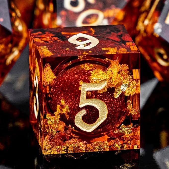 ARUOHHA Liquid Core DND Dice Set, 7pcs Resin Sharp Edged Dragons Dice Compatible with D&D Role Playing Games, RPG Golden Numbers Red Dungeons Polyhedral Dice with Gift Box, D and D Dice Set D20 D10 D6