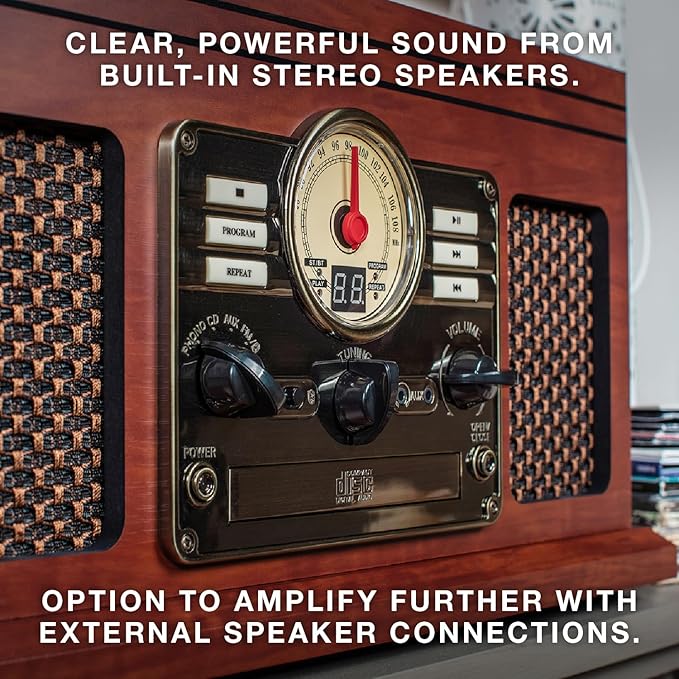 Victrola The Quincy 6-in-1 Bluetooth Record Player & Multimedia Center with Built-in Speakers – 3-Speed Turntable, CD & Cassette Player, AM/FM Radio, Wireless Music Streaming (Natural)