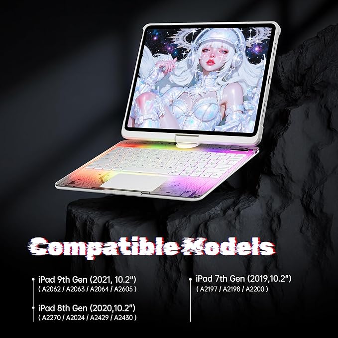 KITONE Transparent Case with Wireless Keyboard for iPad 10.2-in (7th, 8th, and 9th Gen), 7 Colors Backlight, Trackpad, 360°Rotating Stand, Tech Style