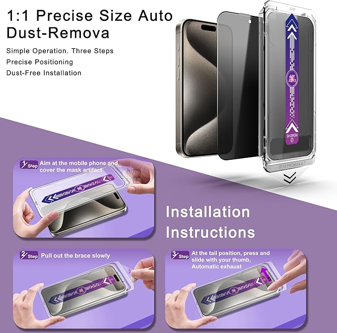 2 Pack Privacy Screen Protector for iPhone 15 Pro Max, 9H Tempered Glass, Full Coverage, Anti-Fingerprint, Auto Dust-Elimination, No Bubble,Easy Installation
