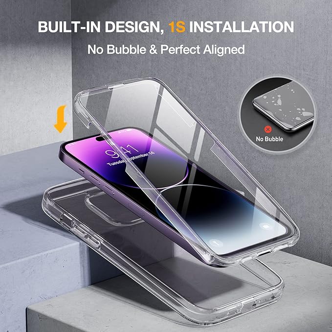 Miracase Glass Series Designed for iPhone 14 Pro Max Case 6.7 Inch, Upgrade Full-Body Bumper Case with Built-in 9H Tempered Glass Screen Protector with Camera Lens Protector, Clear