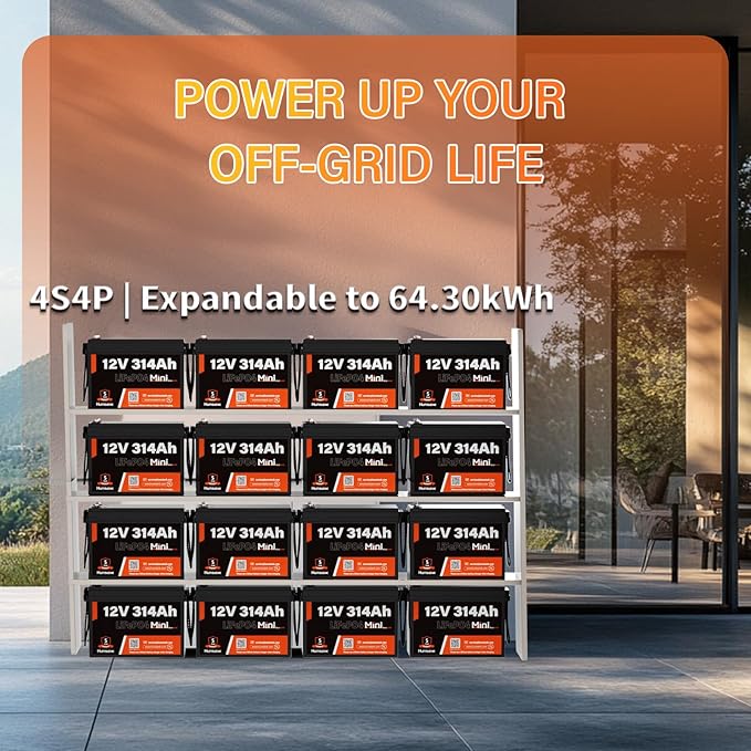 12V 314Ah LiFePO4 Lithium Battery,100A BMS,15000+ Deep Cycle 300Ah Lithium Rechargeable Battery Max 4019Wh Energy Great for RV, Marine and Off Grid Applications