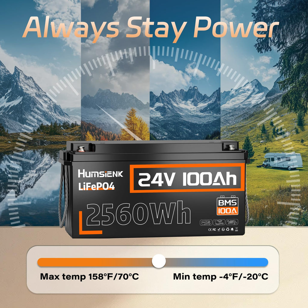 HumsiENK 24V 100Ah LiFePO4 Lithium Battery, Built-in 100A BMS with Low-Temp, 15000+ Deep Cycles 10 Years Lifespan, 2560Wh Lithium Iron Phosphate Battery, for RV, Trolling Motors, Off-Grid, Marine