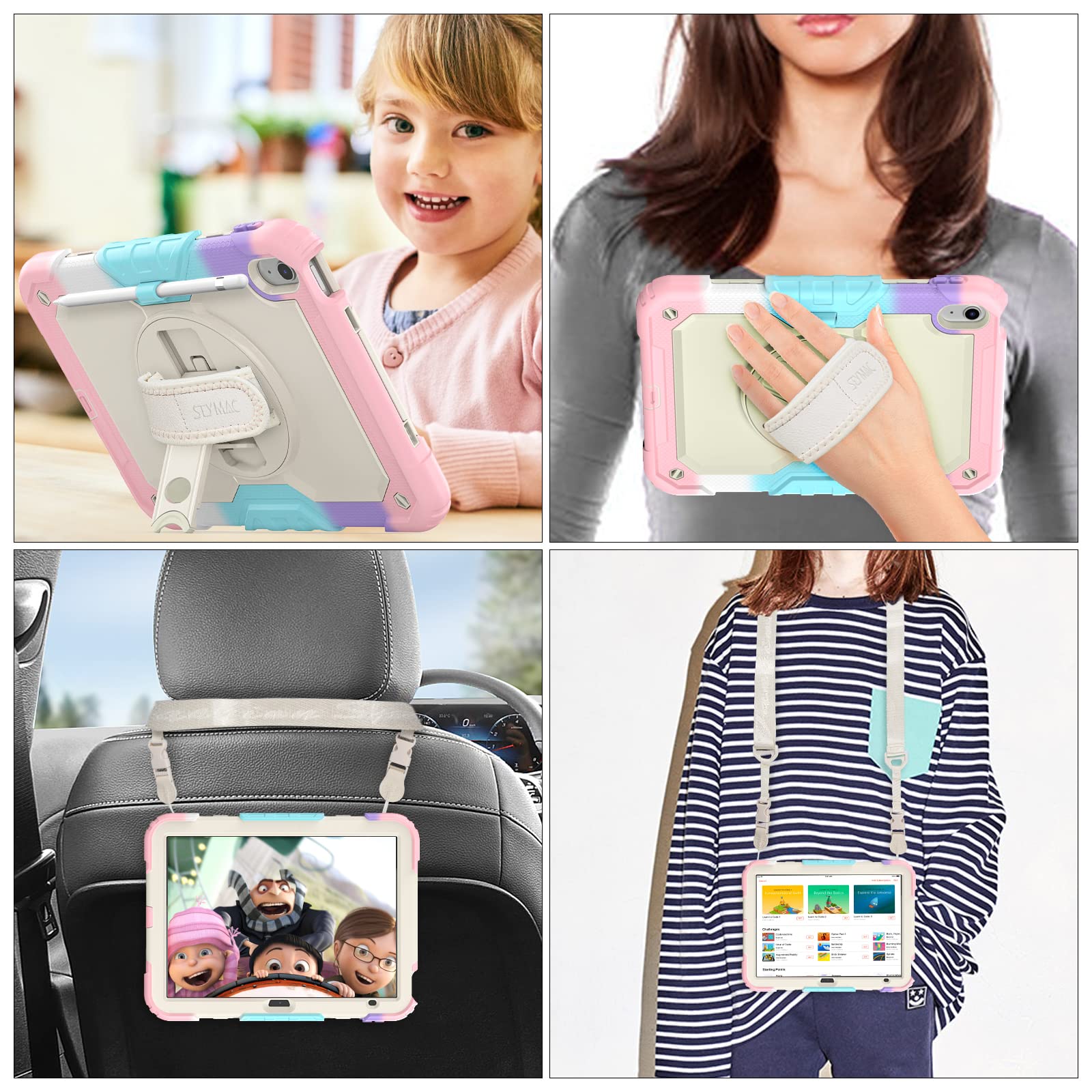SEYMAC stock Case for iPad (A16) 11th/10th Generation 11''/10.9'' 2025/2022, Full-Body Drop Protection Case with Screen Protector &360° Rotate Hand Strap/Stand, Yellowish+Pink