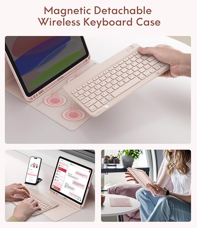CHESONA Keyboard Case for iPad (A16) 11th/10th Generation (2025/2022), Detachable Wireless Keyboard, Stand Folio Keyboard Cover with Pencil Holder, Thin & Light (Pale Pink)
