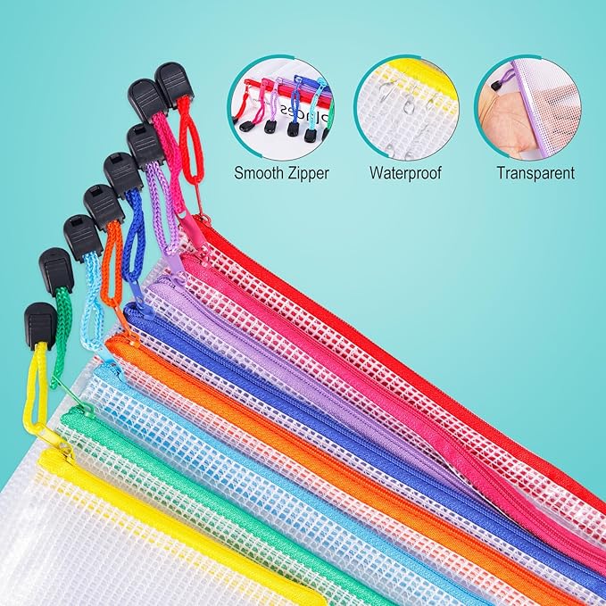 64pcs A4 Mesh Zipper Pouch Bags, Mesh Bags with Zipper Bulk, Pouches for Organization, Clear Storage Bags for Classroom, Travel, Office, Board Game