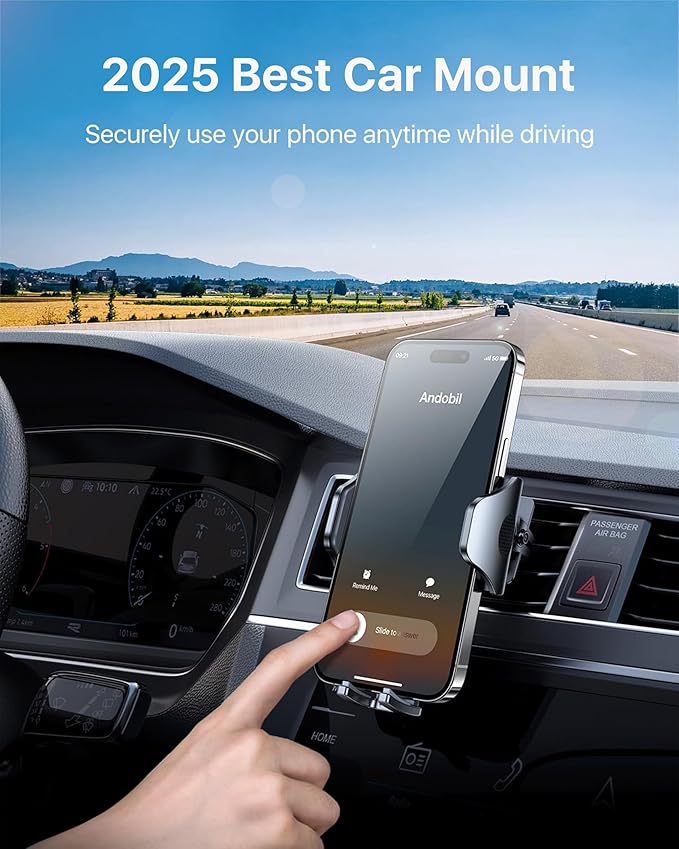 andobil Phone Holders for Your Car - Air Vent Phone Mount, Ultra-Stable Metal Clip with Anti-Shake & 360° Rotation, Universal Car Mount Fit iPhone 16/15/14/13/12 Pro Max/Android/Samsung Galaxy