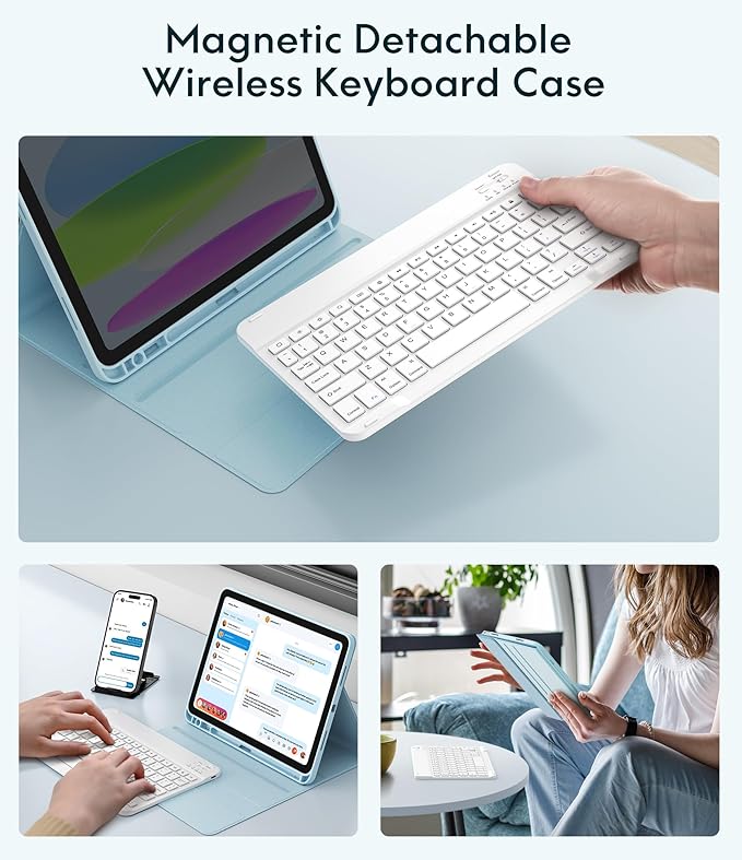 CHESONA Keyboard Case for iPad (A16) 11th/10th Generation (2025/2022), Detachable Wireless Keyboard, Stand Folio Keyboard Cover with Pencil Holder, Thin & Light (Blue)