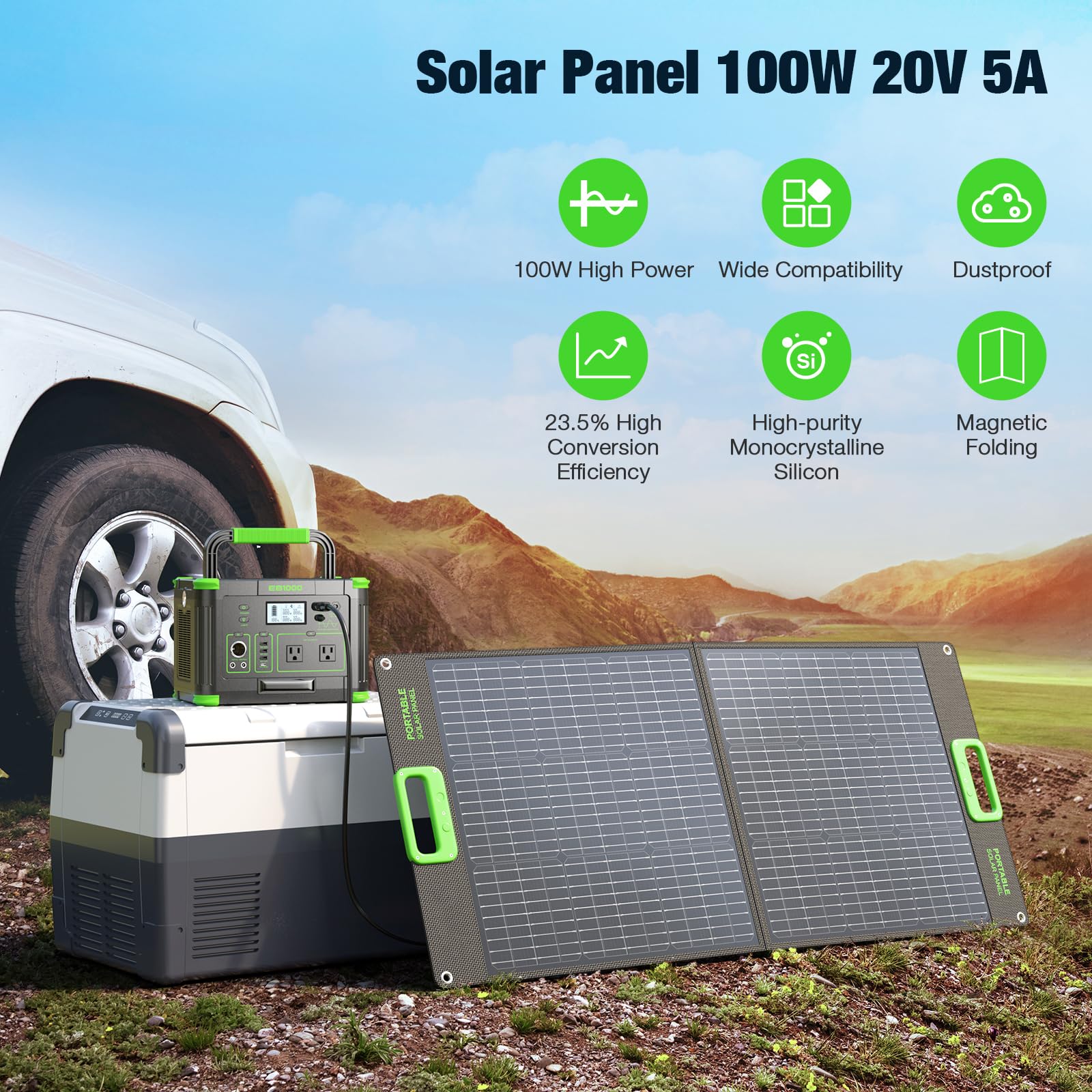 100W Portable Solar Panel for Power Station Generator, Waterproof Foldable