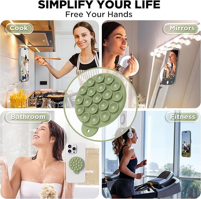 Magnetic Suction Cup Phone Mount for MagSafe Case, Silicone Hands-Free Grip Holder for iPhone and Android, Mirror Shower Phone Stand for Makeup FaceTime Gym Kitchen Bathroom, Tea Green
