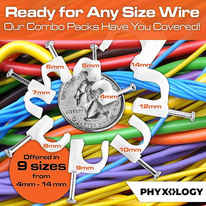 Pro-Grade, Cable Clips with Steel Nails 6mm, 8mm, 10mm, 12mm Size Wire Holders and Tacks 100 Each. Durable, UV Resistant Easy Install Plastic Clips Organize Coax, Ethernet, Cat5, Cat6 and Other Cords
