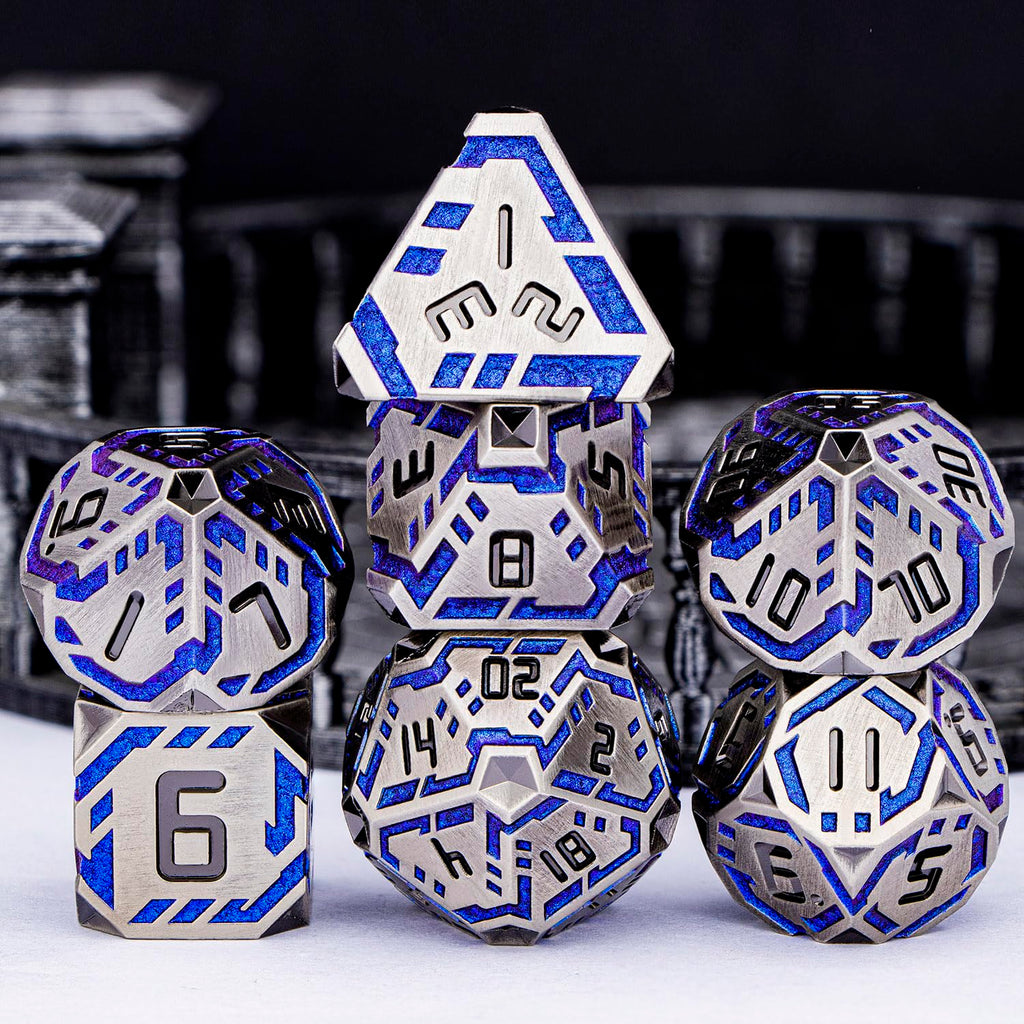 OGCOPHEN Metal DND Sci-fi Dice Set 7PCS Stripe Polyhedral Dice for Dungeons Dragons RPG Role Playing Game, Glitter D and D Dice with Gift Box D6 D8 D10 D12 D20 (Blue Purple&Grey)