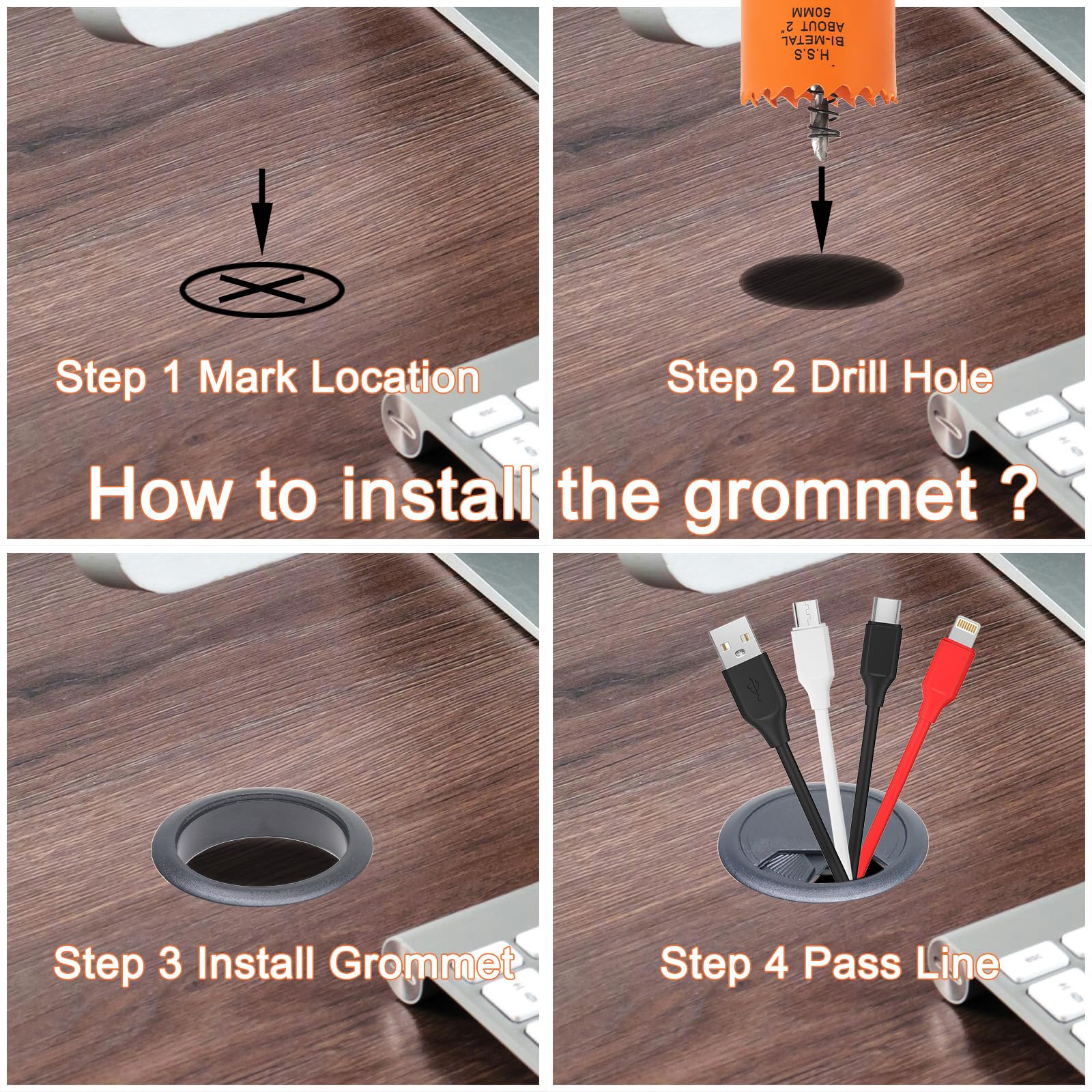 VIKITON Desk Grommet 2 inch with Hole Saw, 2PCS, Black