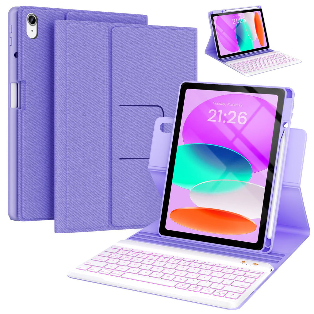 BLUTLOTUS Keyboard Case for iPad 11th Generation (A16) 10th Generation (2025/2022) - 360 Rotatable Magnetic Folio Cover, 7 Color Backlit Detachable Wireless Keyboard with Pencil Holder (Purple)