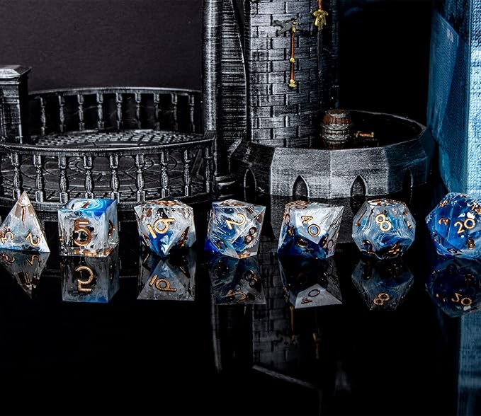 ARUOHHA Blue DND Resin Dice Set 7PCS Translucent Handmade RPG Polyhedral Sharp Edge Dice Set with Gift Box, Glitter Inclusions D and D Dice D20 D12 D10 D8 D6 D4