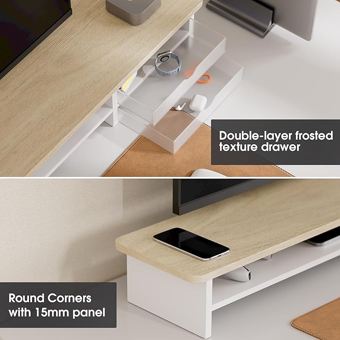 Fenge Monitor Stand, Dual Monitor Riser, 42.5inch Large Desk Computer Monitor Stand Riser with Drawer, 2 Tier Wood & Acrylic Desktop Organizer for Computer, Laptop, Printer, TV Screen Riser