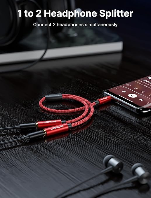 JSAUX Headphone Splitter 3.5mm, Audio Splitter 2 Female to 1 Male, Dual Headphone Adapter Compatible with PS4, PS5, Xbox, Nintendo Switch, PC Gaming Headsets, Phone, Tablet, Laptop and More-Red