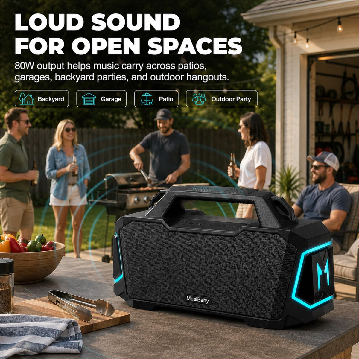 Musibaby 80W Portable Bluetooth Speaker, Loud Bass, IPX6 Waterproof, Black