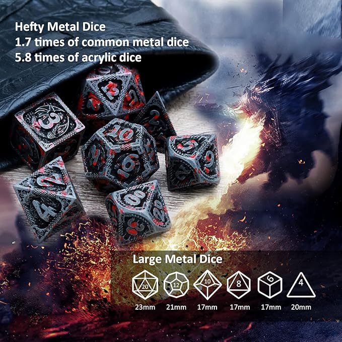 Haxtec Bloodstained Metal DND Dice Set Antique Iron Blood D&D Dice Set Dragon Scale with Leather Dice Bag Bloodsplattered Metal Polyhedral Dice Compatible with Dungeons and Dragons TTRPG Gifts