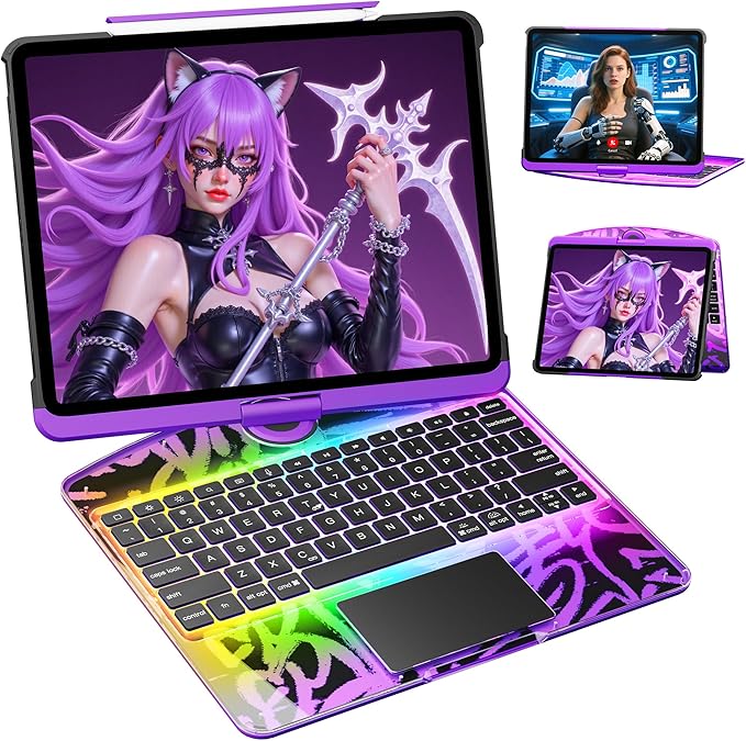 KITONE for iPad Air 11 Inch (M3/M2,2025/2024) Transperant Case with Wireless Keyboard, 7 Color Backlight, Trackpad, 360°Rotating Stand for 10.9" iPad Air 5th/4th, 11" iPad Pro 4/3/2/1 Case, Cyberpunk