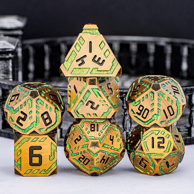Metal DND Sci-fi Dice Set 7PCS Stripe Polyhedral Dice for Dungeons Dragons RPG Role Playing Game, Glitter D and D Dice with Gift Box D6 D8 D10 D12 D20 (Yellow Green)