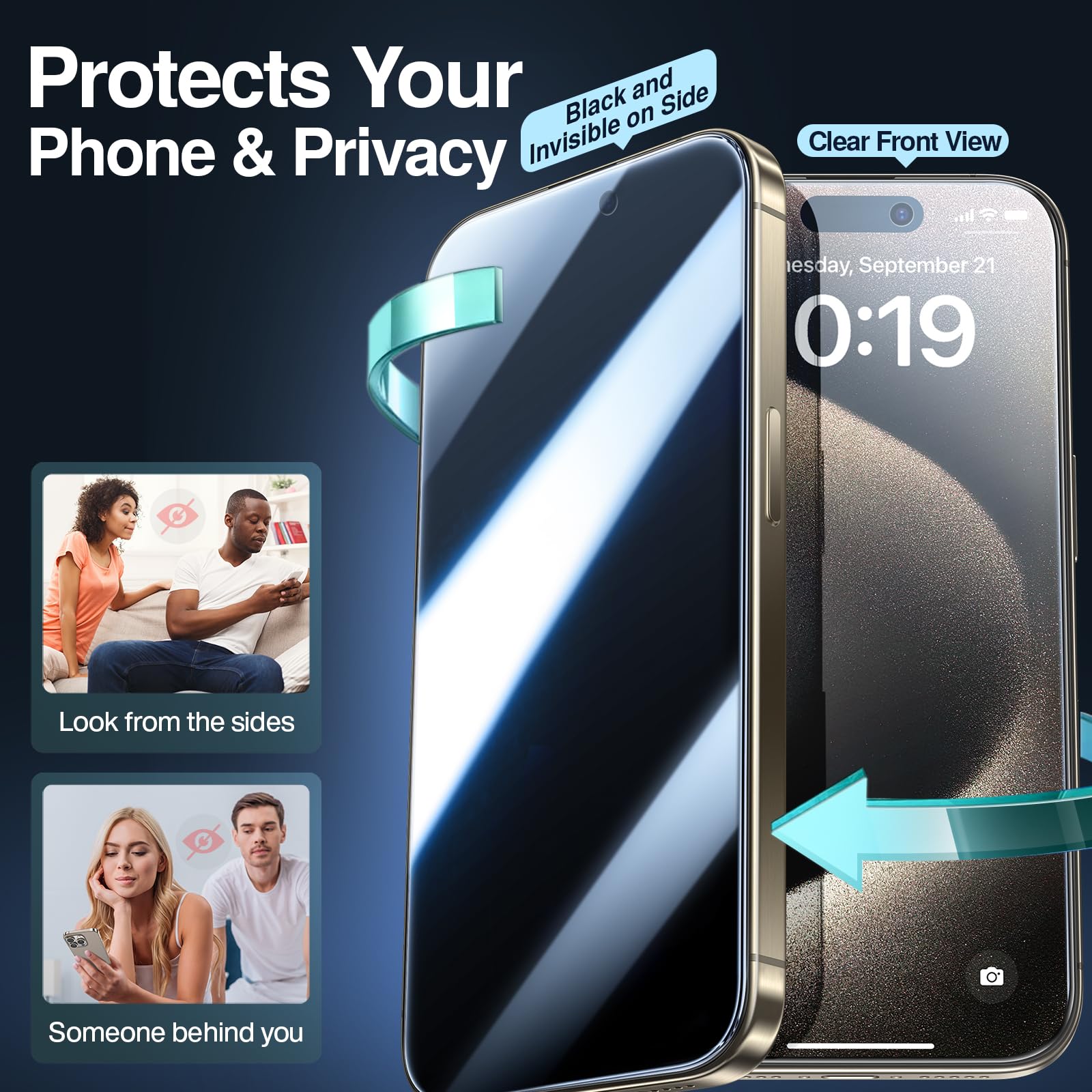 SMARTDEVIL 2 Pack Privacy Screen Protector for iPhone 15 Pro Max, 28° Anti-Spy 9H Tempered Glass, Impact & Scratch Resistant, Auto Dust & Bubble-Free Install Frame, Easy to Install, Case-Friendly