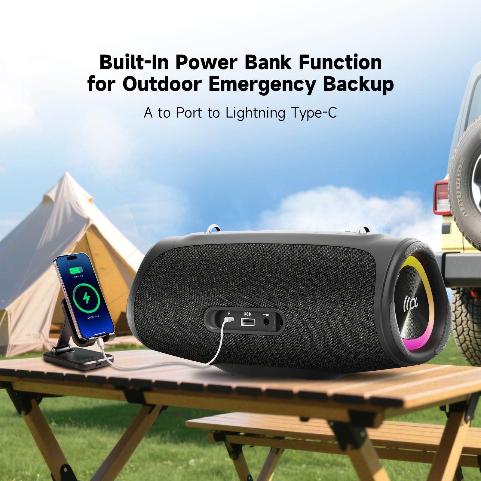 TAZATA 90W Bluetooth Speaker Outdoor, Loud Portable Wireless Speakers, Deep Bass, IPX7 Waterproof Floatable, RGB Lights Rugged BT5.3 Audio for Pool, Beach, Boat, Backyard Party,Travel Garage