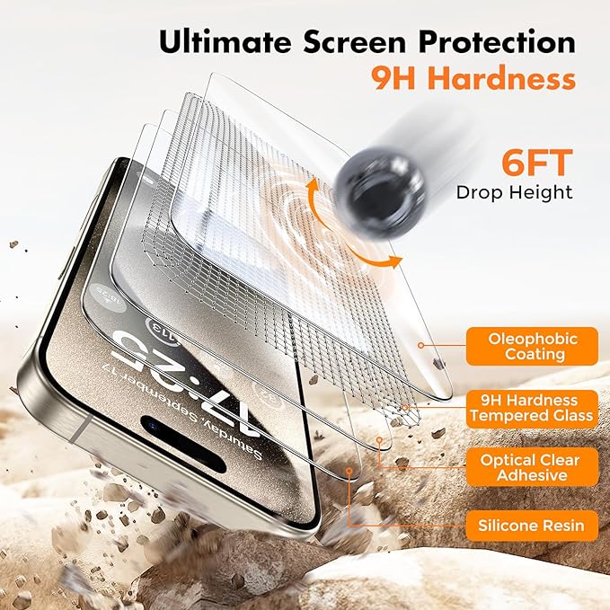 UNBREAKcable Screen Protector for iPhone 15 Pro,Shatterproof Tempered Glass [Easy Installation Frame] [Lasting Protection] [Smooth Touch] [9H Hardness] [Case Friendly] for Apple 6.1”-2 Pack