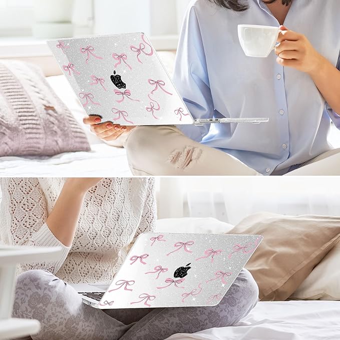 May Chen for MacBook Air 13.6 inch Case A3240 M4 A3113 M3 A2681 M2 with Retina Dispaly, 2025 2024 2023 2022 Release, Plastic Hard Shell Case with Screen Protector & Keyboard Cover, Clear Glitter Bow