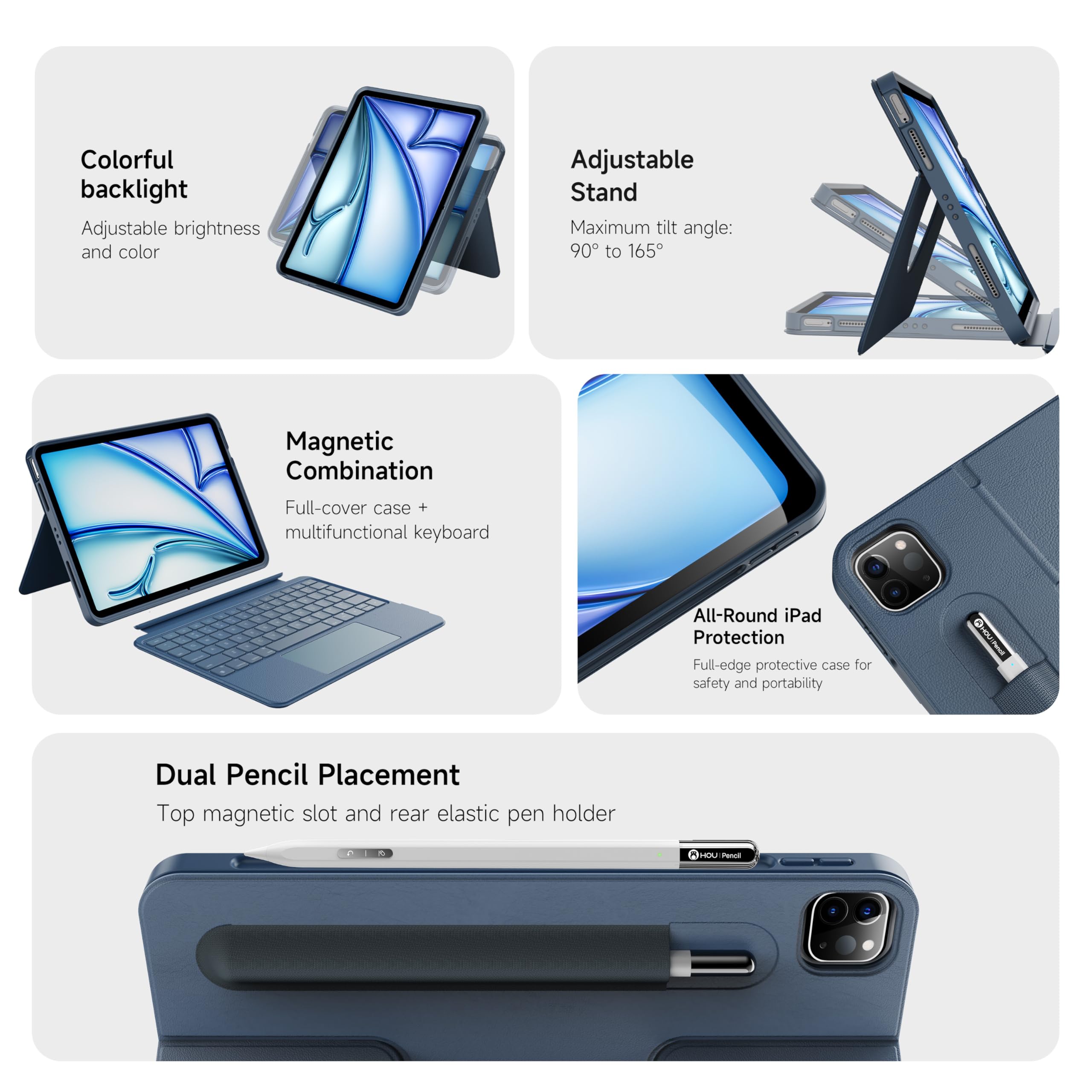 Rotating & Detachable Keyboard Case for iPad Air 11 inch M4/M3/M2,Air 5th/4th gen & iPad Pro 11" 1st/2nd/3rd/4th generation,Adjustable Stand,Stylus Slot,Trackpad,Backlit,Full Protection Cover,Blue