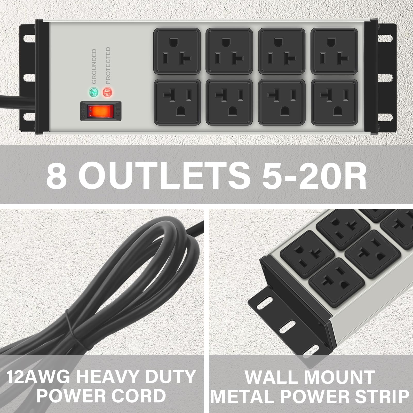 CCCEI 12 Gauge Heavy Duty Power Strip, 8 Ports, Grey, 12FT.
