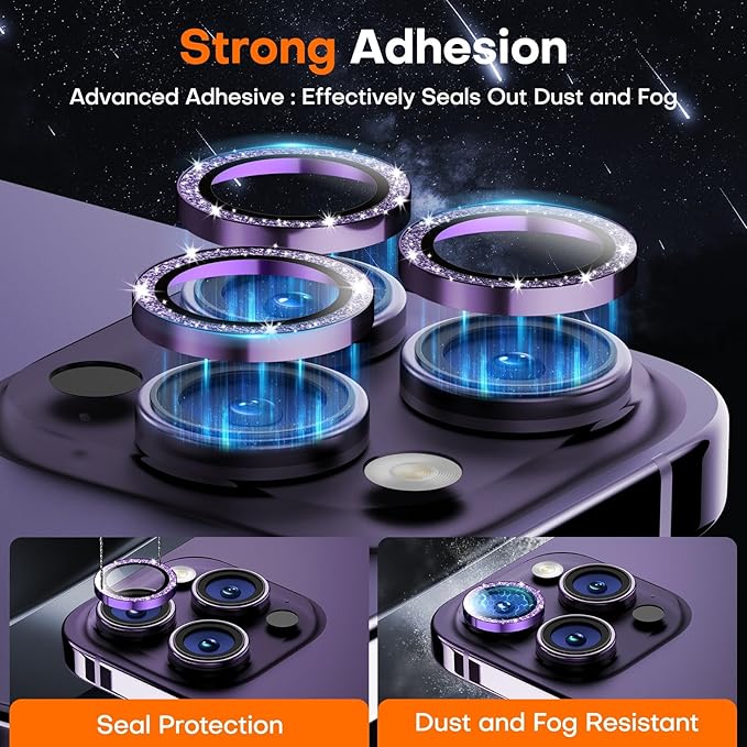 Camera Lens Protector for iPhone 16 Pro Max/16 Pro/15 Pro Max/15 Pro/14 Pro Max/14 Pro, Sapphire Glass Metal Individual Camera Cover Screen, Anti-drop, Case Friendly- Glitter Deep Purple