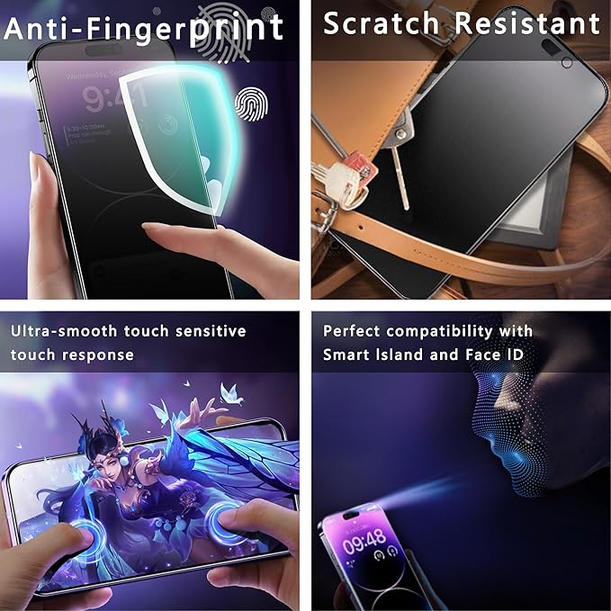 2 Pack Matte Privacy Screen Protector for iPhone 15 Pro, 9H Tempered Glass, Full Coverage, Anti-Fingerprint, Auto Dust-Elimination, No Bubble, Easy Installation