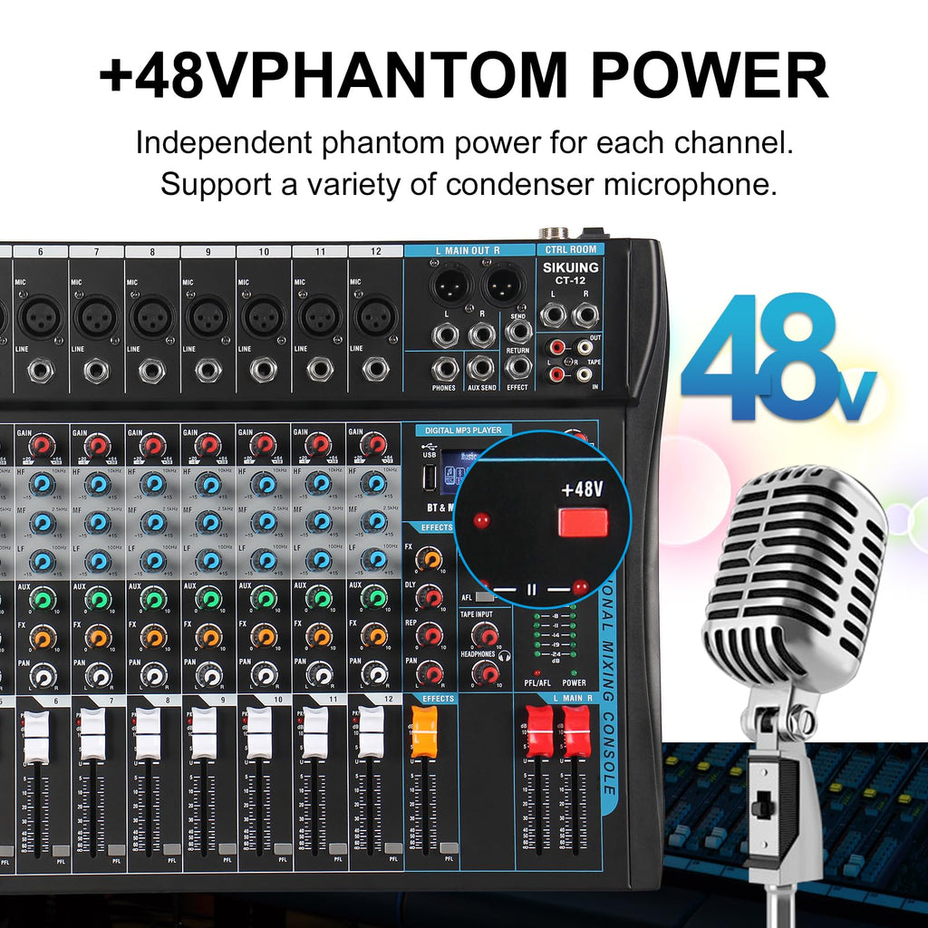 SIKUING 12 Channel Audio Interfacer Sound Board Mixer DJ Mixer 16-Bit DSP Effect USB Audio Mixer +48V Phantom Power Bluetooth Mixer for Karaoke Studio Streaming Recording,Live Streaming
