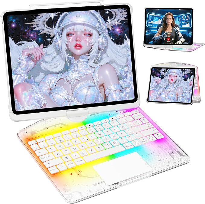 KITONE Transparent Case with Wireless Keyboard only for 2024 iPad Pro 13-in.(M4), 7 Colors Backlight, Trackpad, 360°Rotating Stand for iPad Pro 13, Tech Style