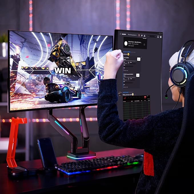 AVLT RGB Lights Dual 17”-43” Gaming Monitor Arm Desk Mount, Fits Two Flat/Curved/Ultrawide Screen up to 44lbs(20kg), Height Swivel Tilt Adjustable Stand - Black