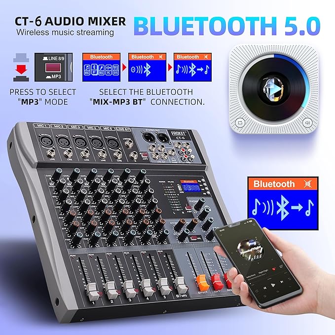 Professional Audio Mixer Sound Board 6 Channel Audio Desk System Interface Digital DJ Console with Bluetooth USB Sound Audio Mixing Console for Karaoke Studio Party Recording Broadcast (CT-6)