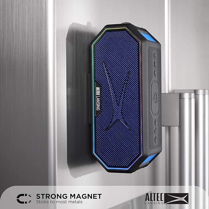 Altec Lansing Loud Portable Speakers Bluetooth Wireless Waterproof - MultiColor LED, 20 Hour Playtime, Mount Included | HydraBLAST 2.0 Magnetic Bluetooth Speaker for Travel, Home and Outdoor Adventure