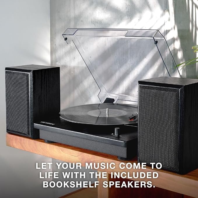 Victrola Montauk Vinyl Record Player, White Wood Finish, 3-Speed Belt Driven Turntable with Stereo Bluetooth Speaker Pair, RCA Output and 3.5mm Headphone Jack, Removable Dust Cover