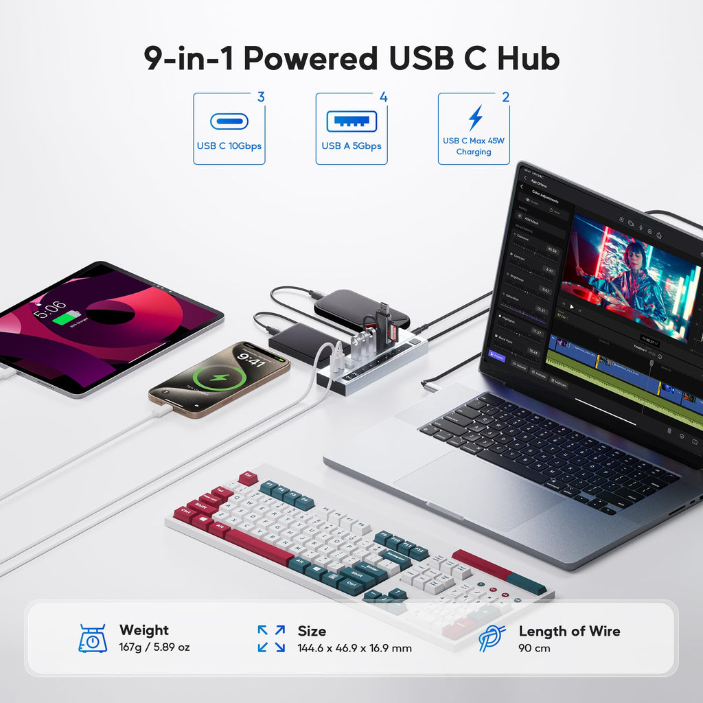 Powered USB C Hub, 9-in-1 USB-Hub suppprt 10Gbps & PD 45W Max Charging